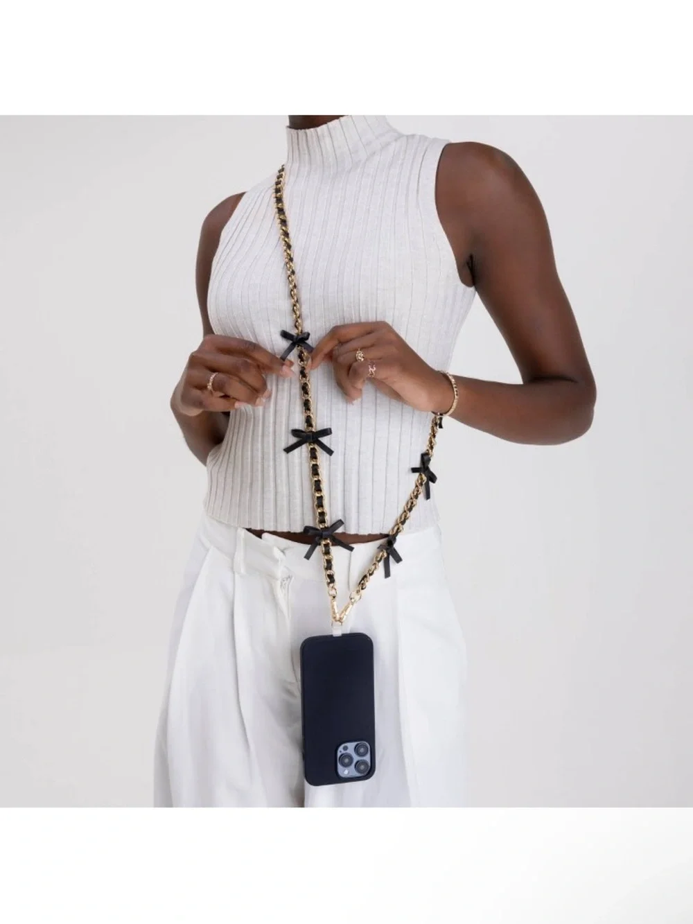 Hello Lux Phone Crossbody Strap - Golden Chain with Black Faux Leather Bows
